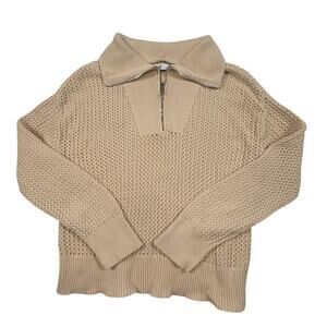 Open Knit 1/4 Zip Funnel Neck Sweater Women's M Cream Coastal Cotton Sonoma